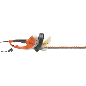 Orange and gray electric hedge trimmer with extended cutting blade, part of STIHL outdoor power equipment rental tools at Hartville Hardware.