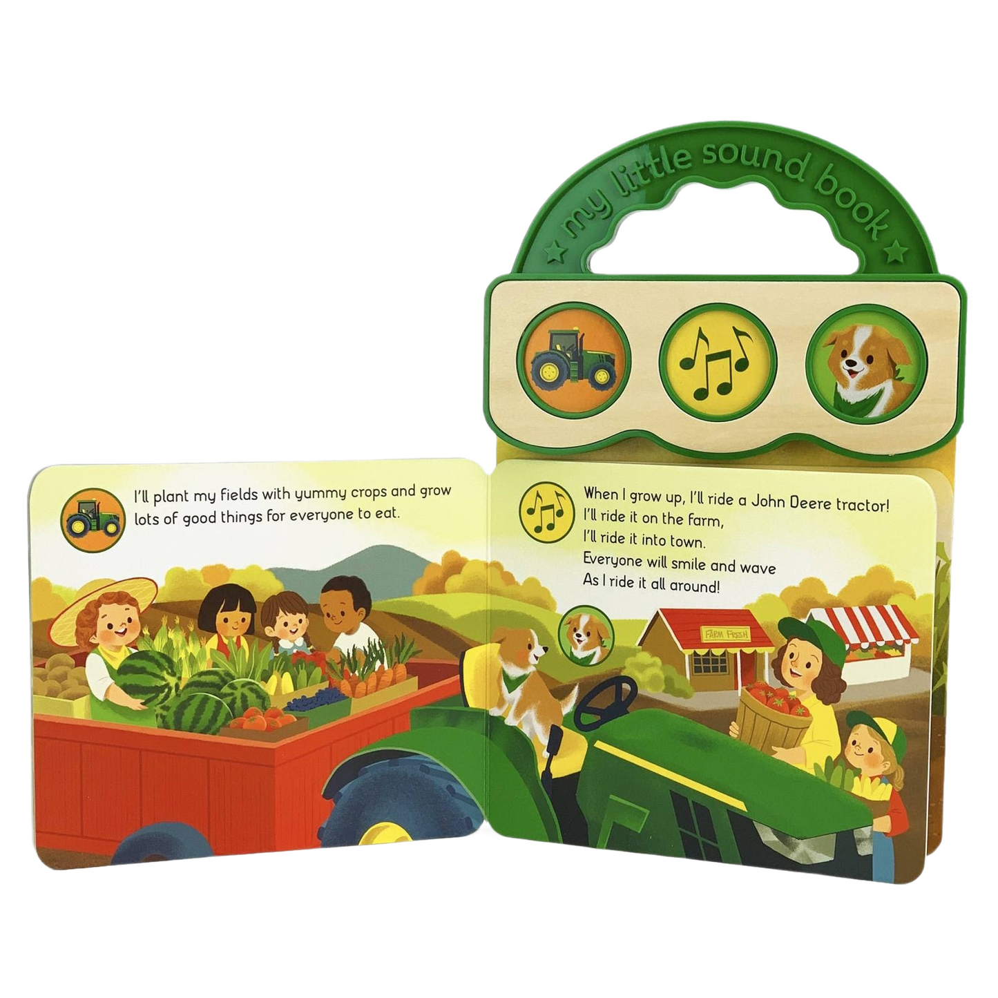 Children’s interactive sound book with John Deere tractor, farm animals, and kids harvesting crops on a farm
