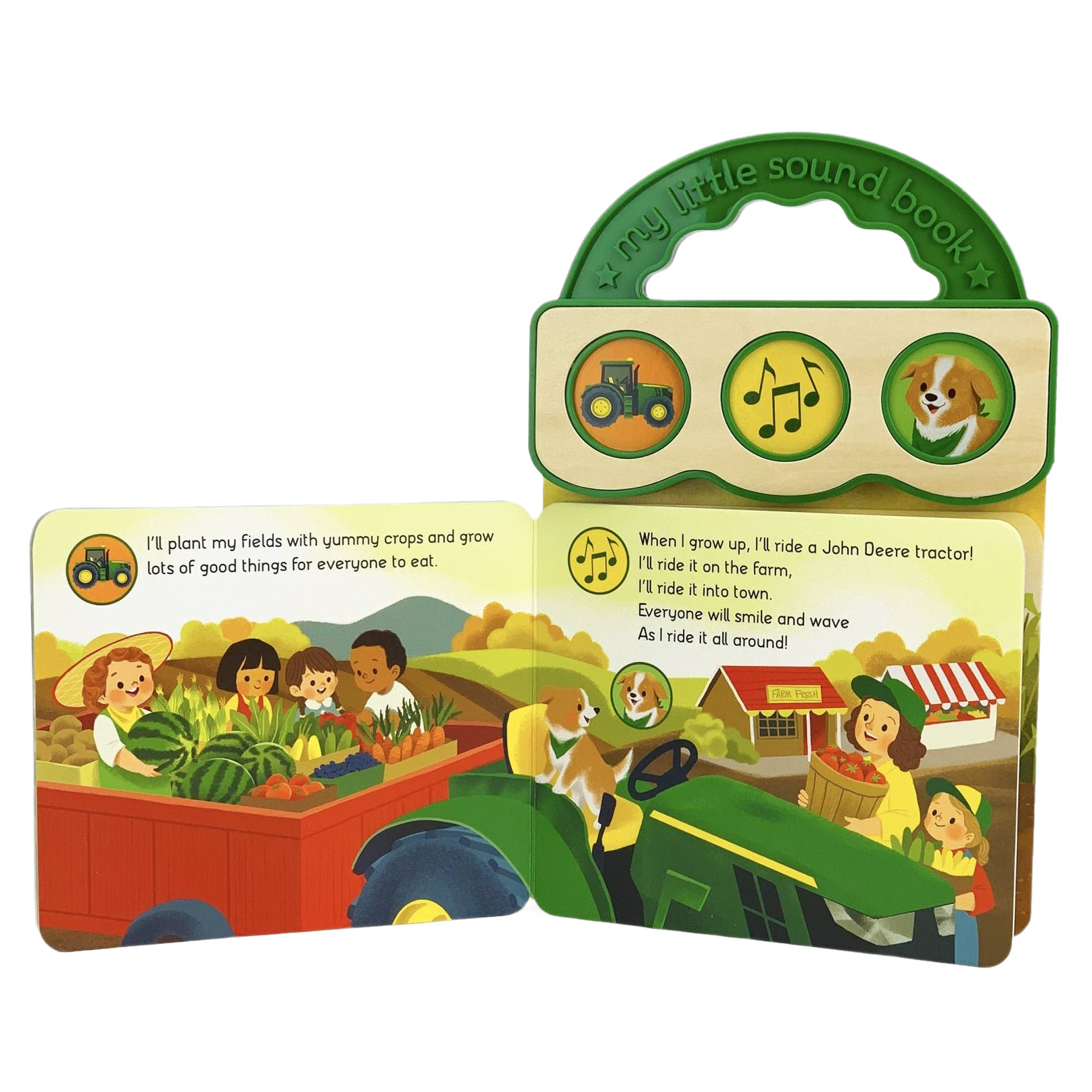 Children’s interactive sound book with John Deere tractor, farm animals, and kids harvesting crops on a farm