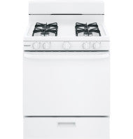 white free-standing gas range with four burners and front control knobs for kitchen and home improvement