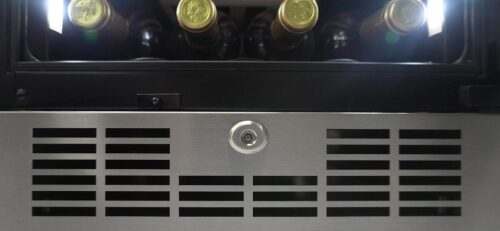 Close-up of a stainless steel wine cooler vent panel beneath the glass door in Refrigerators and Appliances collections