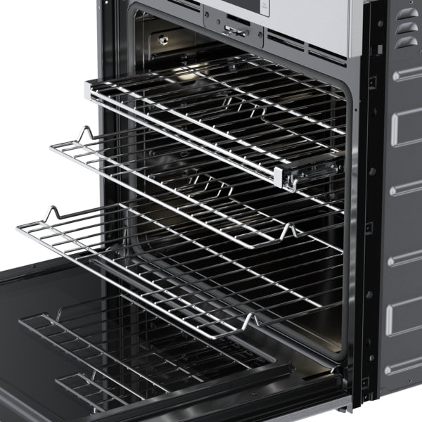Open stainless steel single wall oven with multiple racks and spacious interior from Bosch kitchen appliances collection
