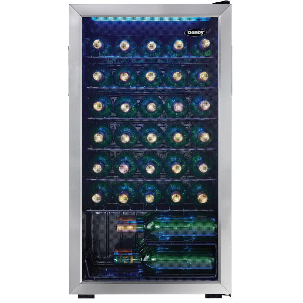 36 Bottle Wine Cooler, Interior Blue LED Lighting, Wire Shelves