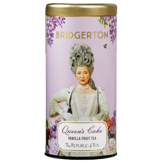 Tall metal tea tin with gold lid featuring Bridgerton-themed Queen's Cake vanilla fruit tea design