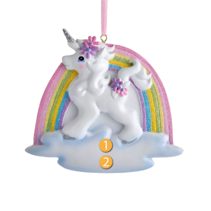 White unicorn ornament with rainbow and pink floral accents hanging on a pink ribbon for decorative display