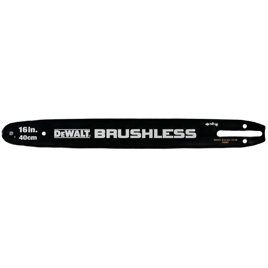 Black 16-inch chainsaw bar with white branding, designed as a power tool accessory for home improvement projects