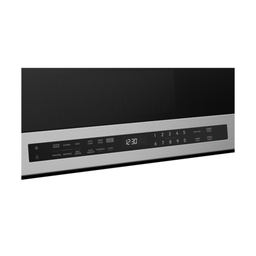 Control panel with digital display and touchpad buttons on stainless steel smart over-the-range microwave oven