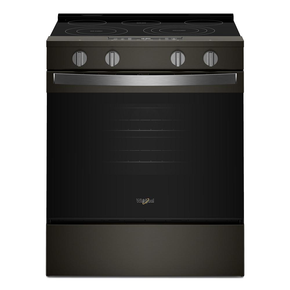30-inch electric range with black finish, smooth cooktop, metal control knobs, and large oven door in kitchen appliances collection