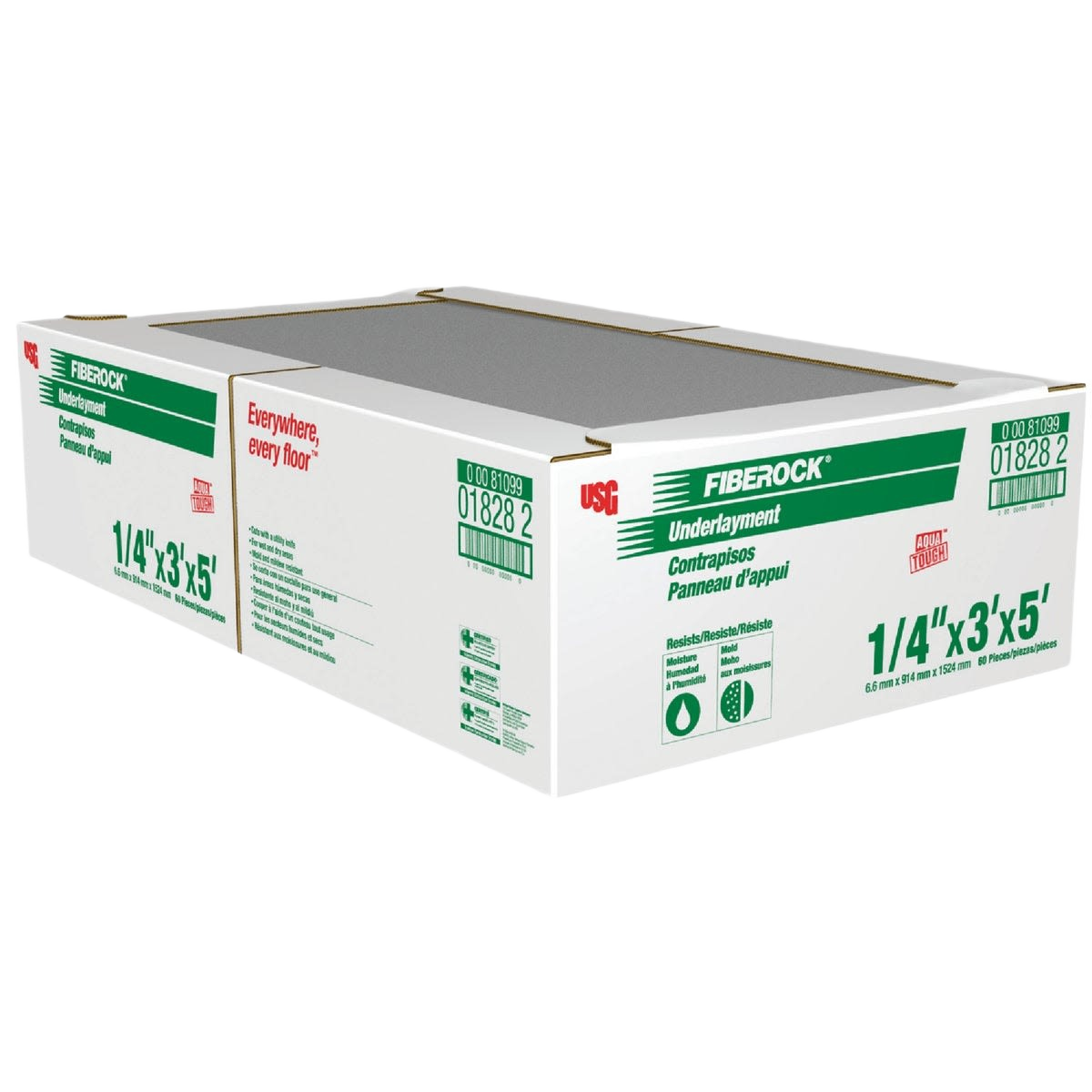 Boxed Fiberock Aqua-Tough cement board underlayment panel measuring 1/4 inch by 3 feet by 5 feet for flooring support
