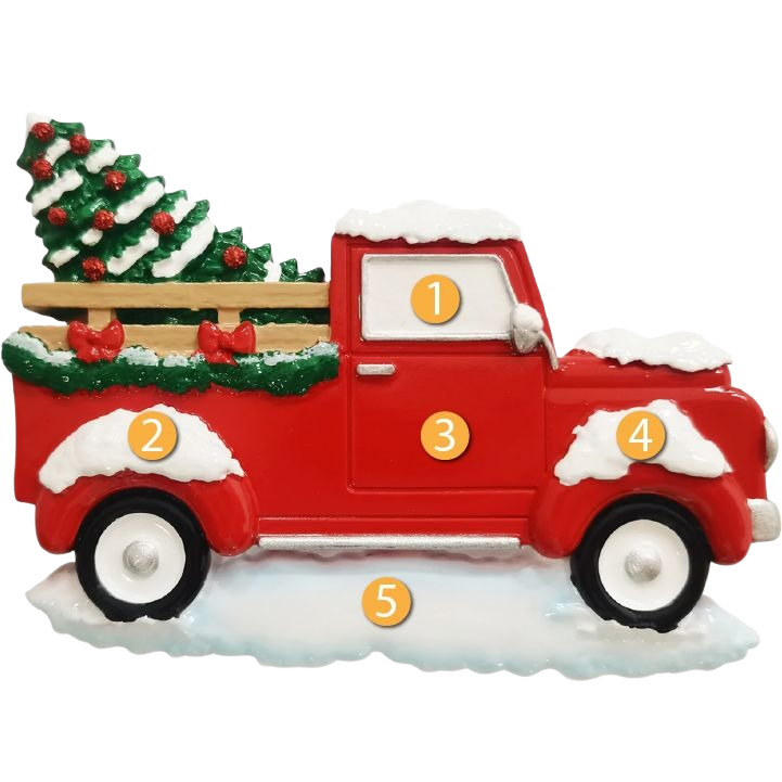 Red vintage truck ornament with snow-topped Christmas tree and garland from holiday décor under $50 collection