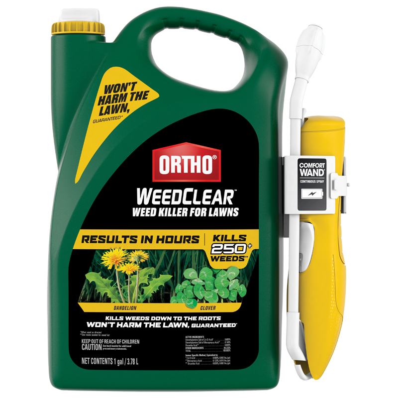 Green and yellow garden spray container with attached comfort wand for lawn weed control and removal tasks