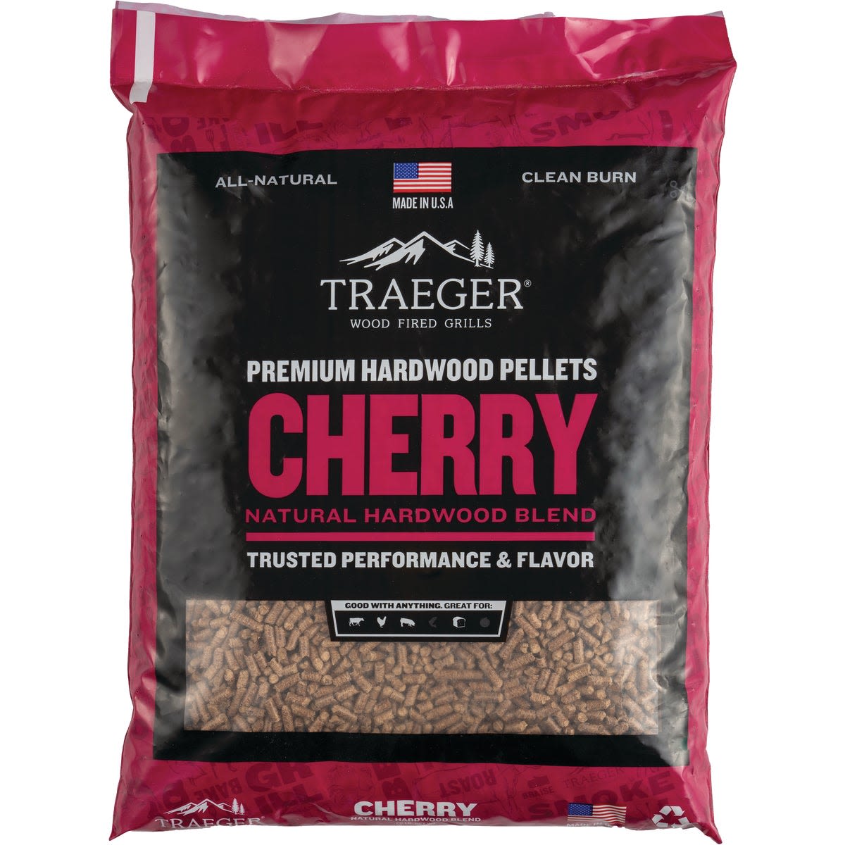 Bag of Traeger cherry hardwood pellets for grilling with natural blend and clean burn in outdoor living collections