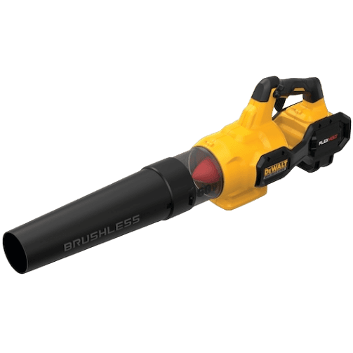 Cordless yellow and black handheld axial blower with brushless motor designed for tools and home improvement tasks