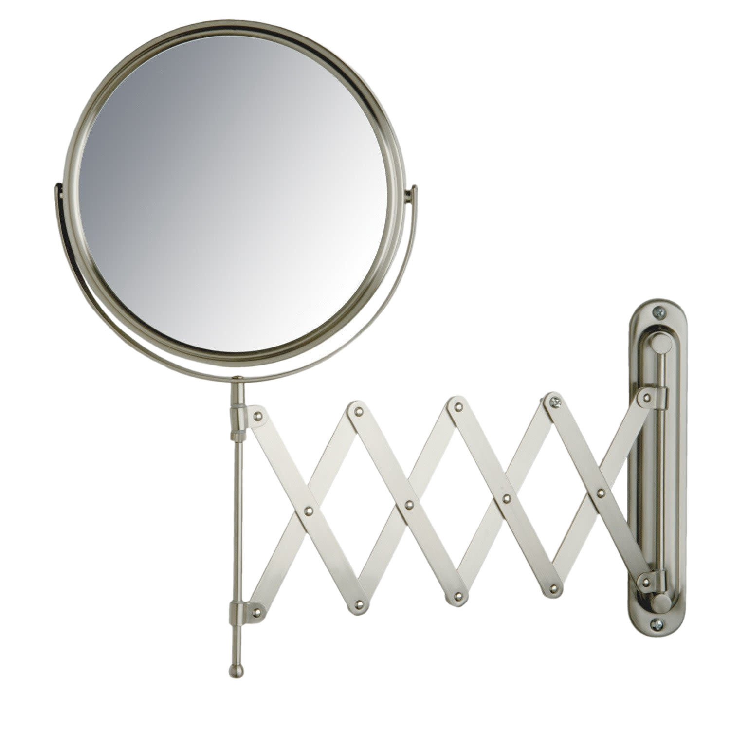 Nickel finish wall-mounted mirror with adjustable accordion arm for versatile use in home improvement projects