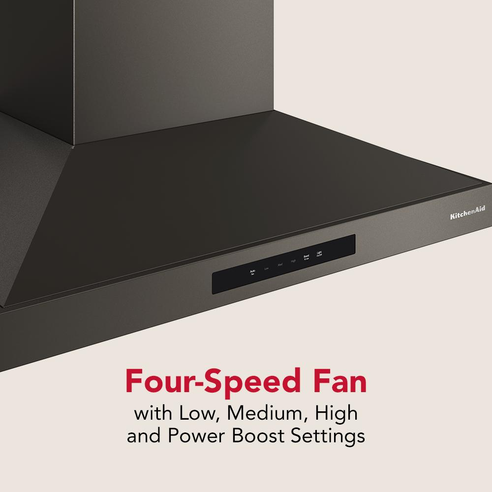 Sleek black wall-mount canopy hood with four-speed fan and touch control panel from KitchenAid range hoods collection