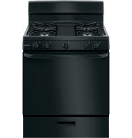 black free-standing gas range with four burners and control knobs for kitchen appliances and home improvement
