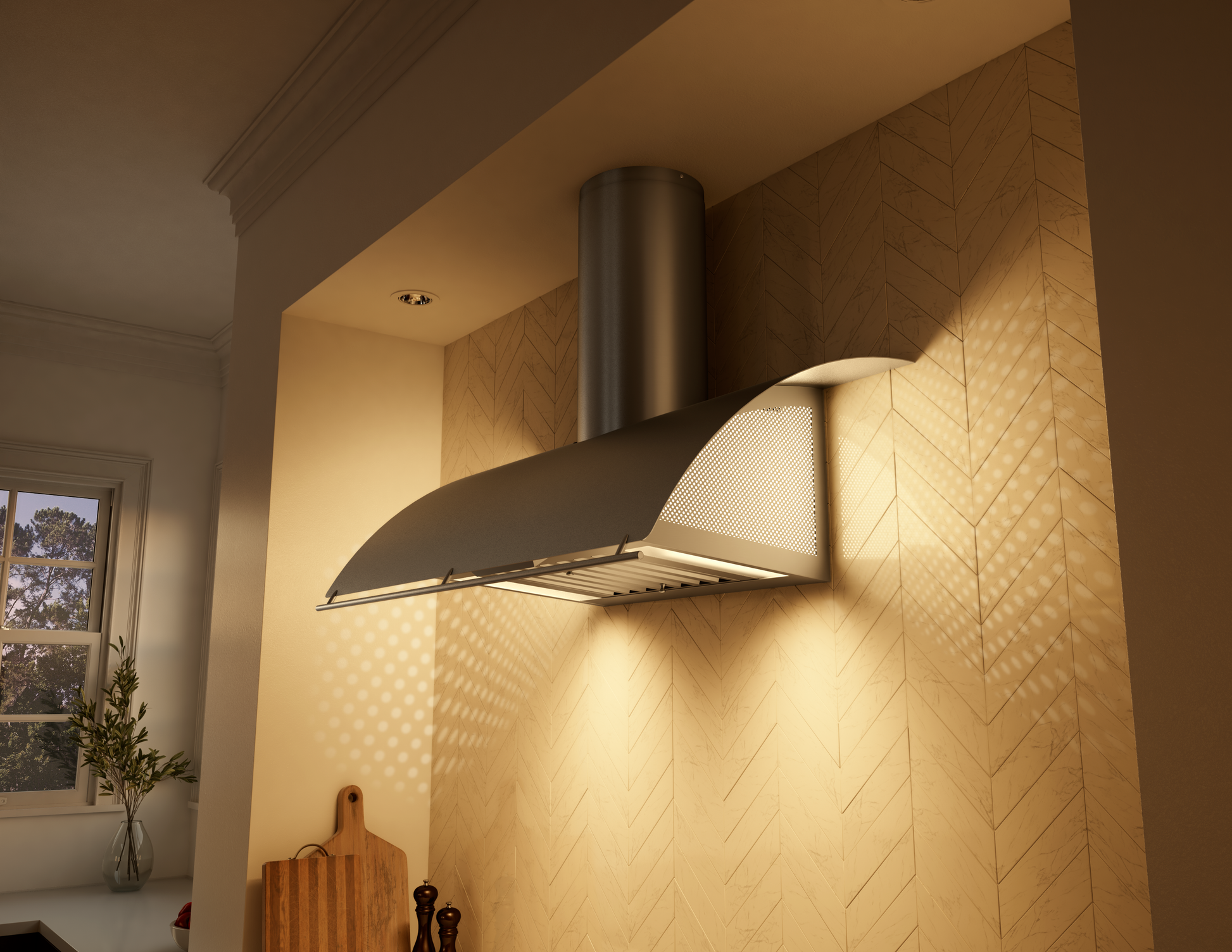 Stainless steel chimney hood with perforated sides and LED lighting installed above kitchen cooktop in modern home setting