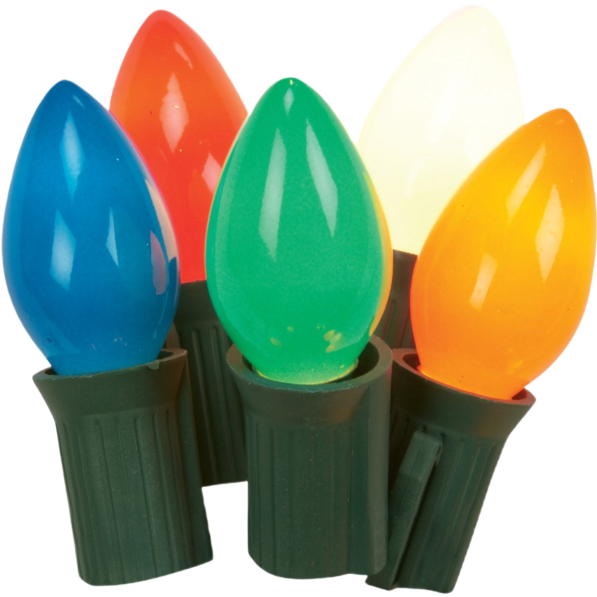 Large colorful incandescent C7 light bulbs with green bases for home improvement and decorative use