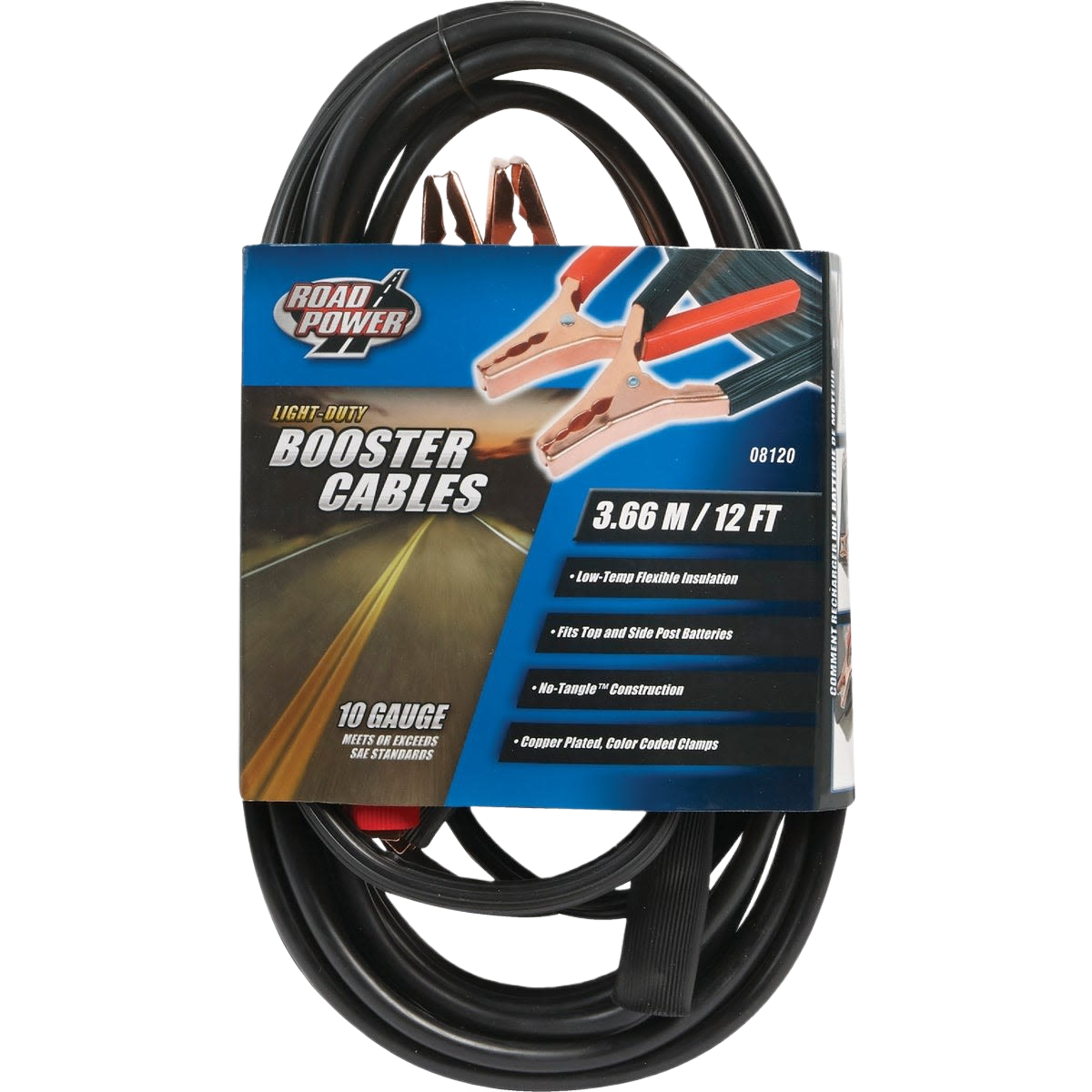 Light-duty booster cables with copper plated clamps and tangle-free design for home improvement and auto use under $50.