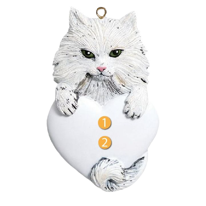 White Persian cat ornament holding a heart with customizable space for name in Christmas Ornaments & Tree Decorations collection