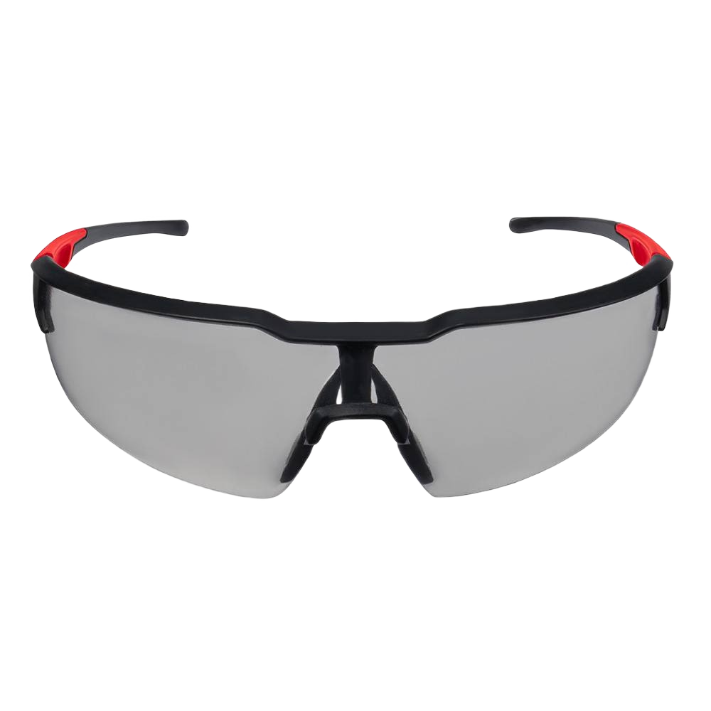 Gray-tinted anti-scratch safety glasses with black frame and red accents for home improvement and tool use tasks