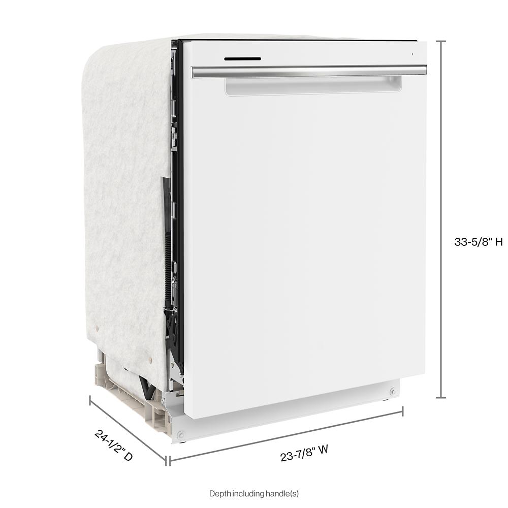 Freestanding white dishwasher with sleek handle and dimensions shown, part of kitchen appliances and dishwashers collection