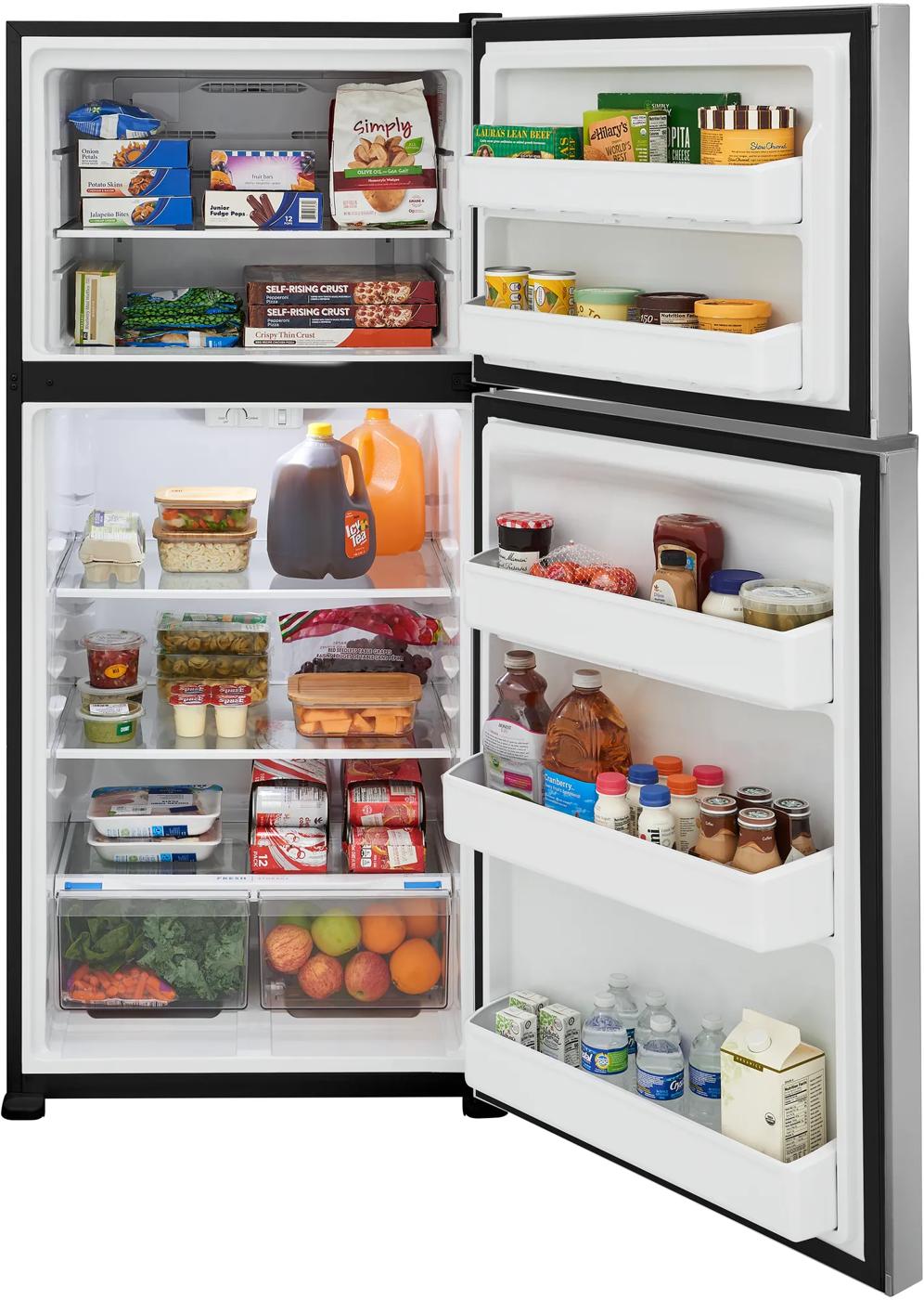 Open stainless steel top freezer refrigerator with organized food items on shelves in kitchen appliance collection