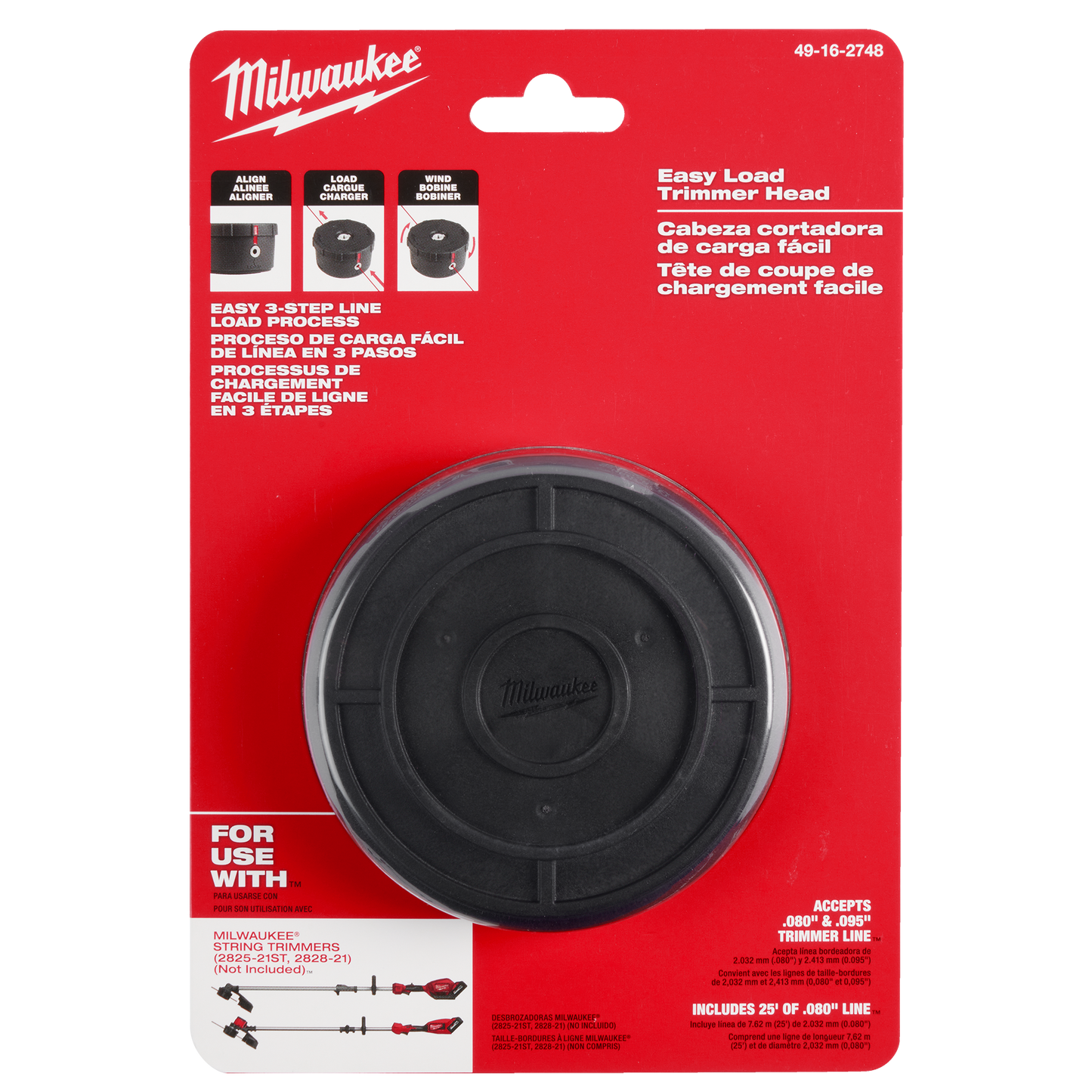 Black plastic trimmer head with easy load design on red Milwaukee branded packaging for home improvement tools