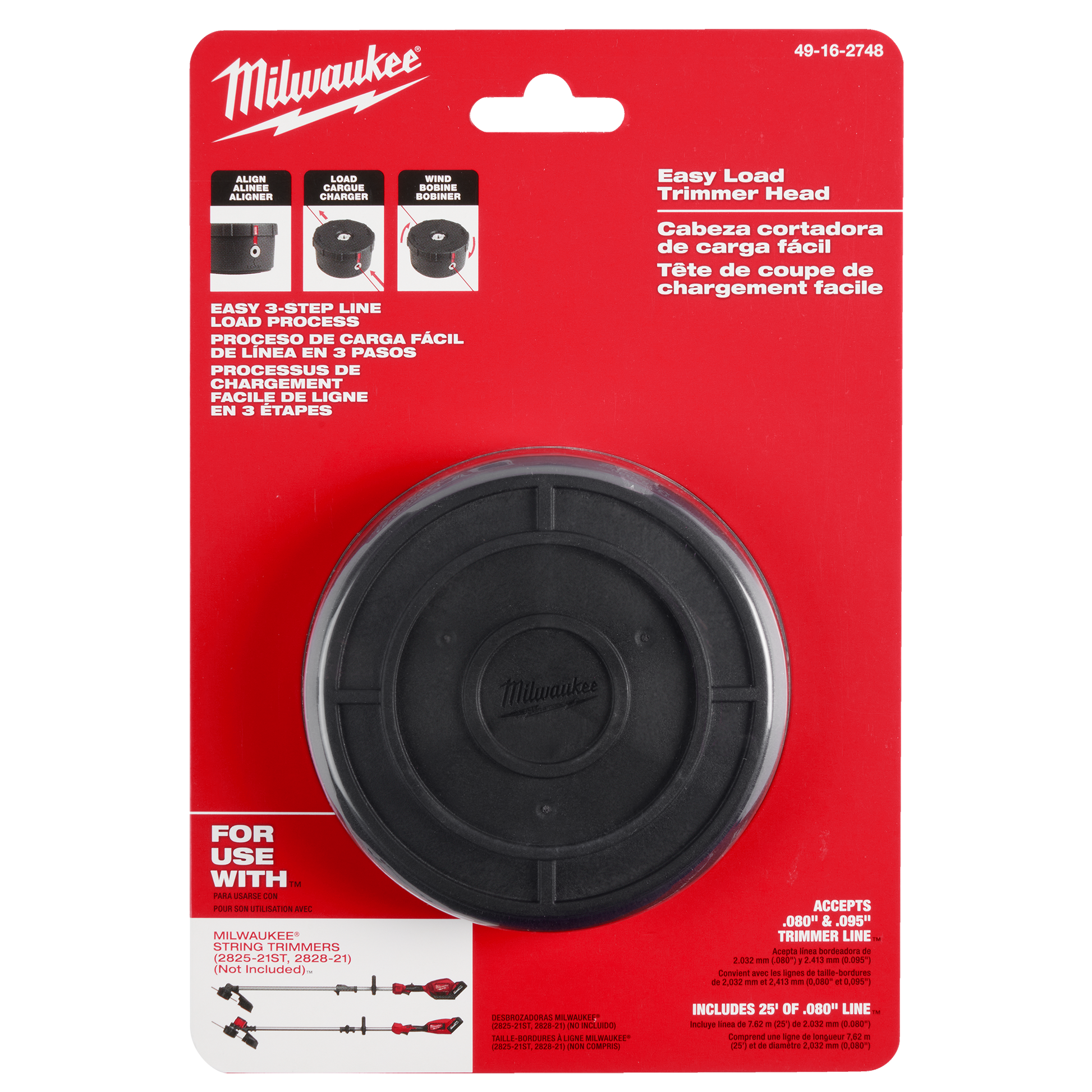 Black plastic trimmer head with easy load design on red Milwaukee branded packaging for home improvement tools