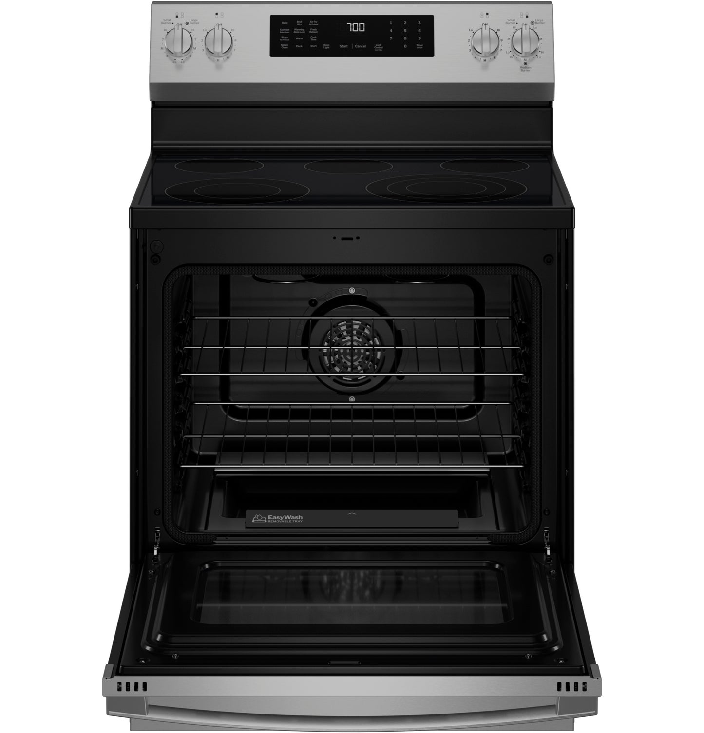 Open black oven cavity of stainless steel smart electric convection range in ranges collection