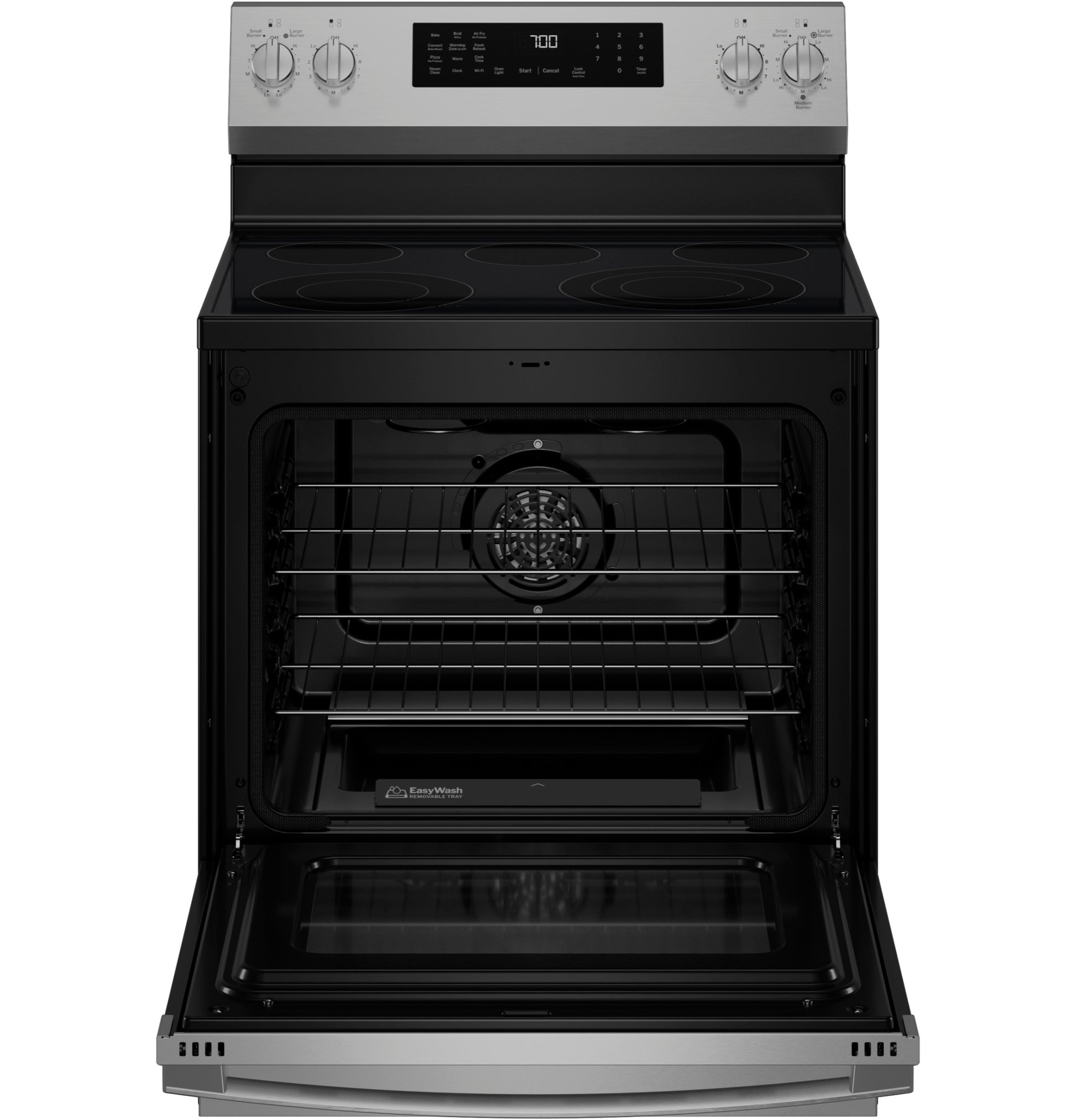 Open black oven cavity of stainless steel smart electric convection range in ranges collection