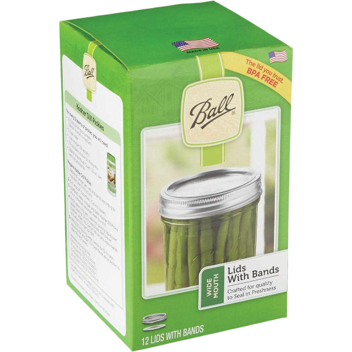 Green and beige packaging of Ball wide mouth canning lids with bands for kitchen and home improvement use