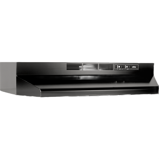Black under-cabinet range hood with 2-speed rocker controls and built-in light in kitchen and appliances collections
