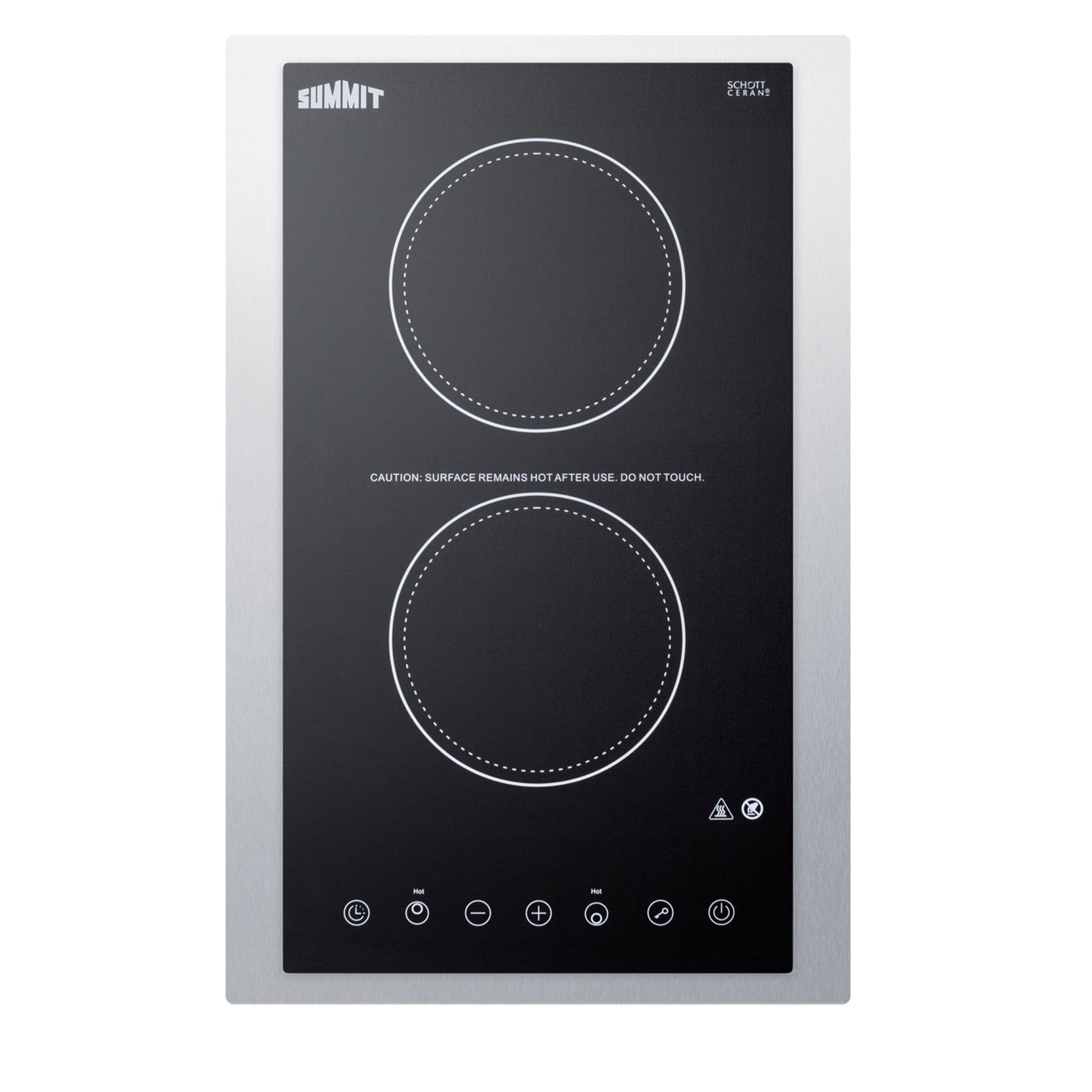 compact 2-burner smooth-top radiant cooktop with touch controls in stainless steel for electric cooktops collection