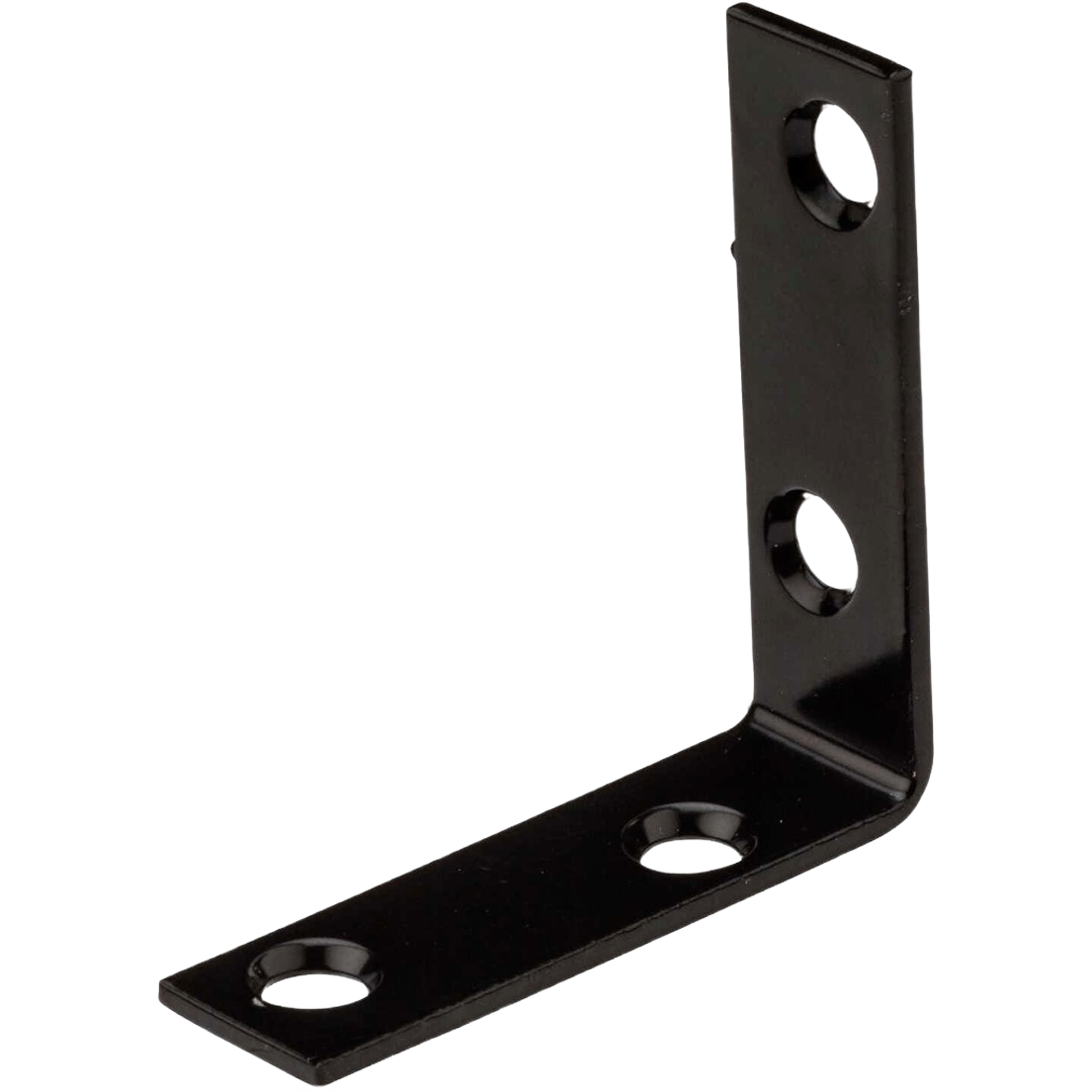 Black metal corner brace with four countersunk holes for reinforcing right-angle joints in home improvement tasks
