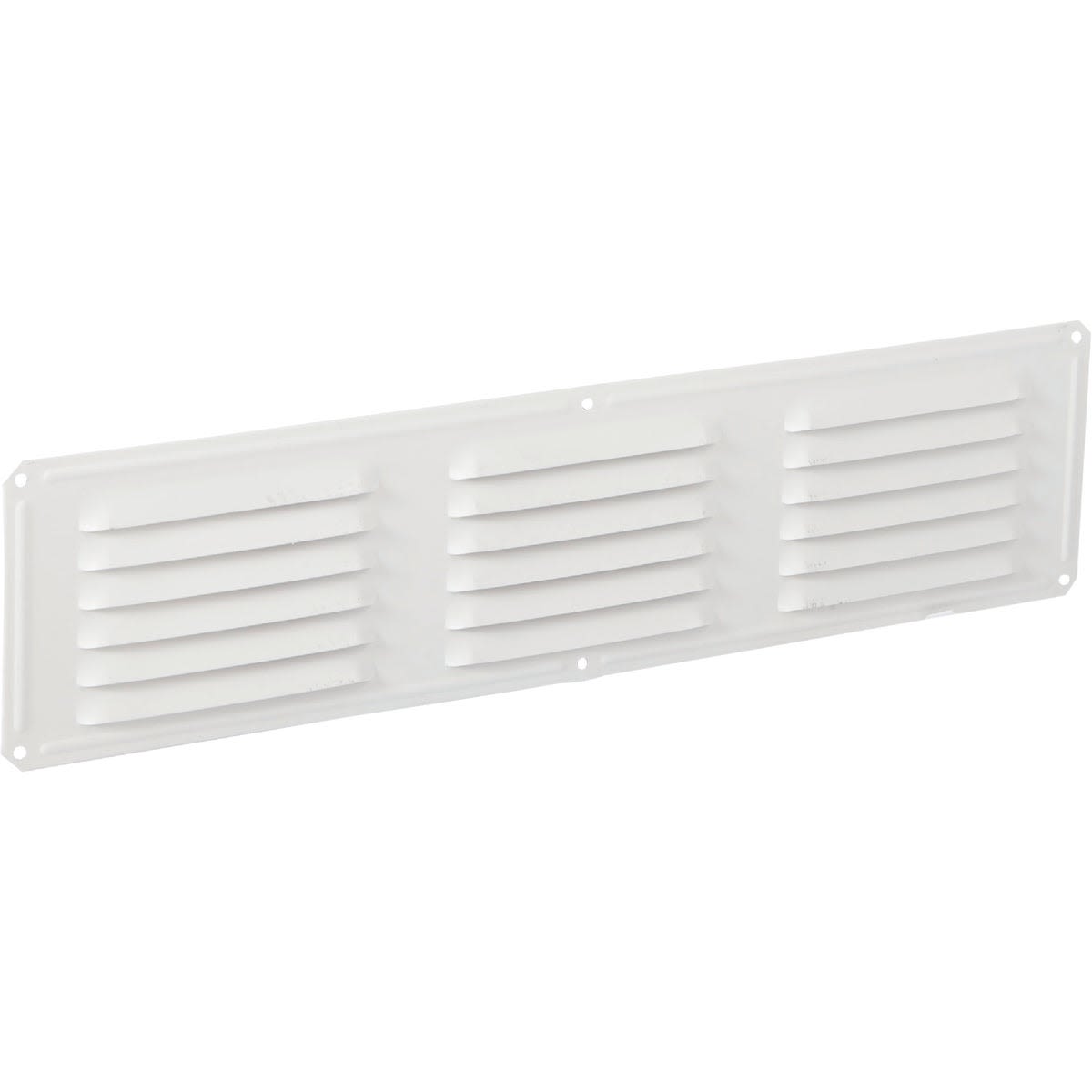 White aluminum ventilation grille with horizontal slats for under-eave installation in home improvement projects