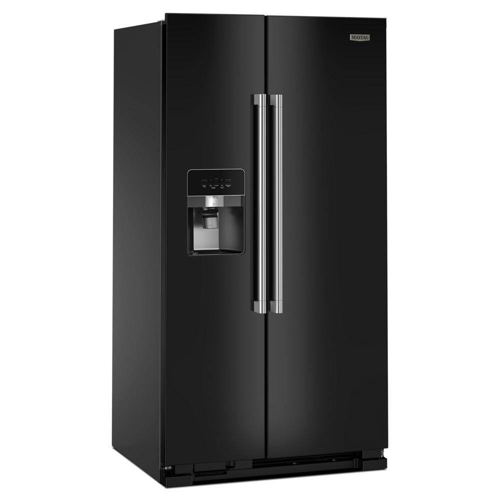 36-inch wide black side-by-side refrigerator with metal shelves, gallon door bins, and water dispenser from kitchen appliances collection