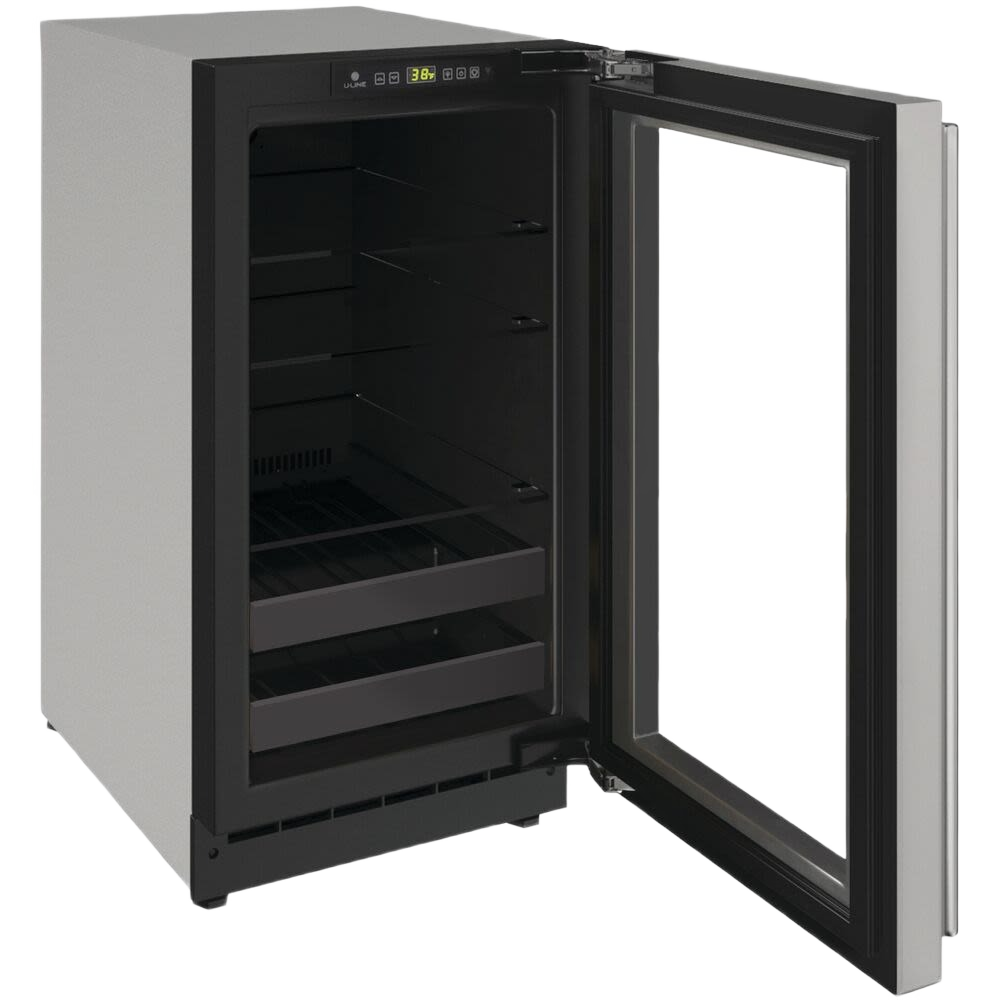 Built-in beverage center with reversible hinge, glass door, adjustable shelves, digital temperature display, and stainless steel frame