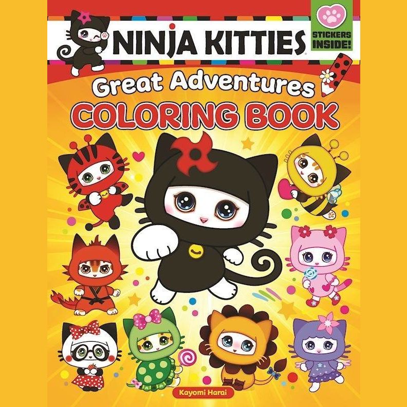 Colorful cover of a Ninja Kitties coloring book featuring playful cat characters in costumes with stickers included