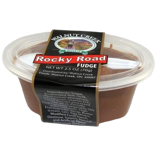 Amish-made Rocky Road fudge cup with chocolate and nut texture in reusable plastic container under $25 candy treat