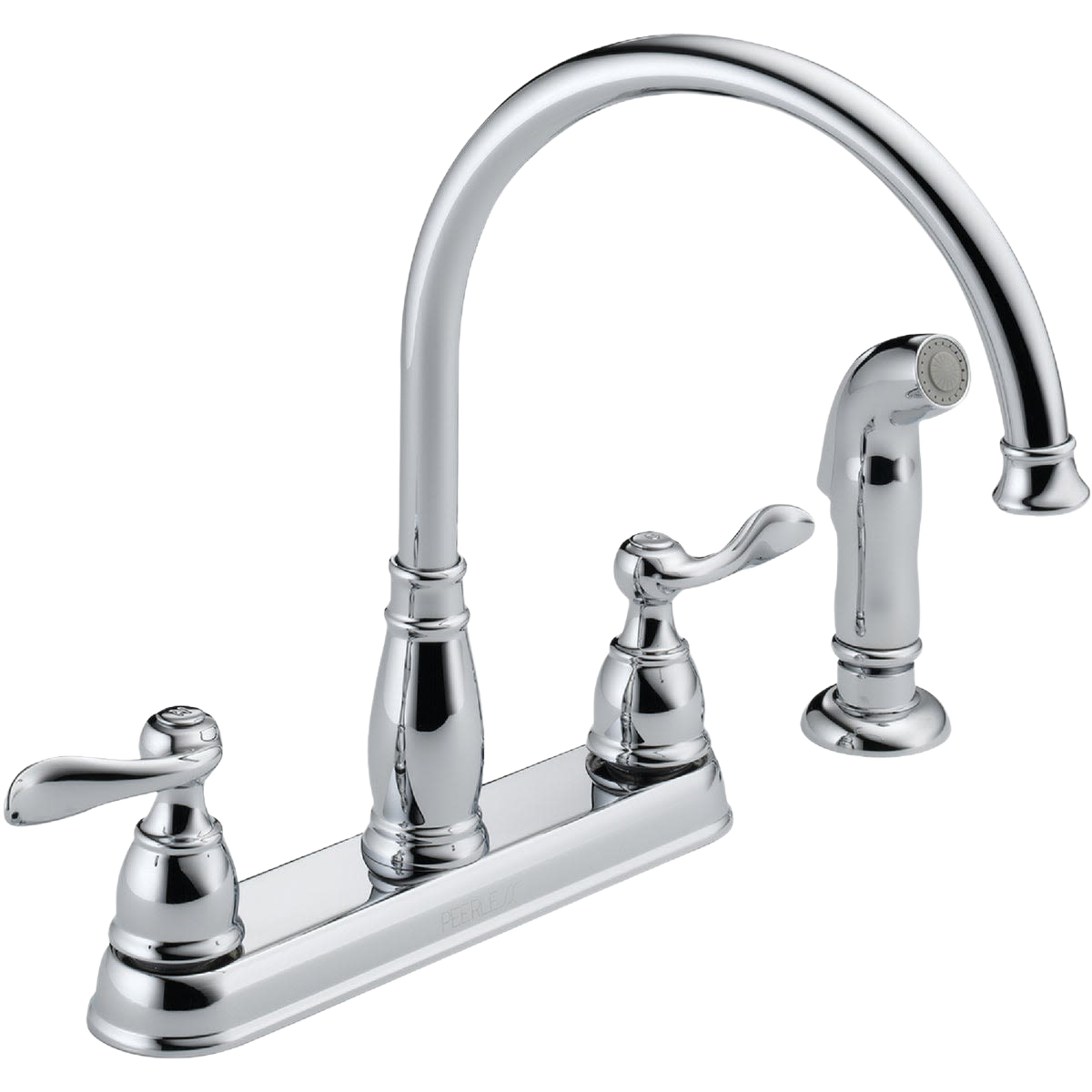 Chrome two handle kitchen faucet with high arc spout and separate sprayer for home improvement use