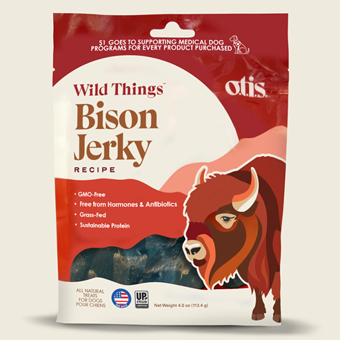 Resealable 4 oz bag of protein-rich bison jerky dog treats supporting medical dog programs in pet supplies under $50