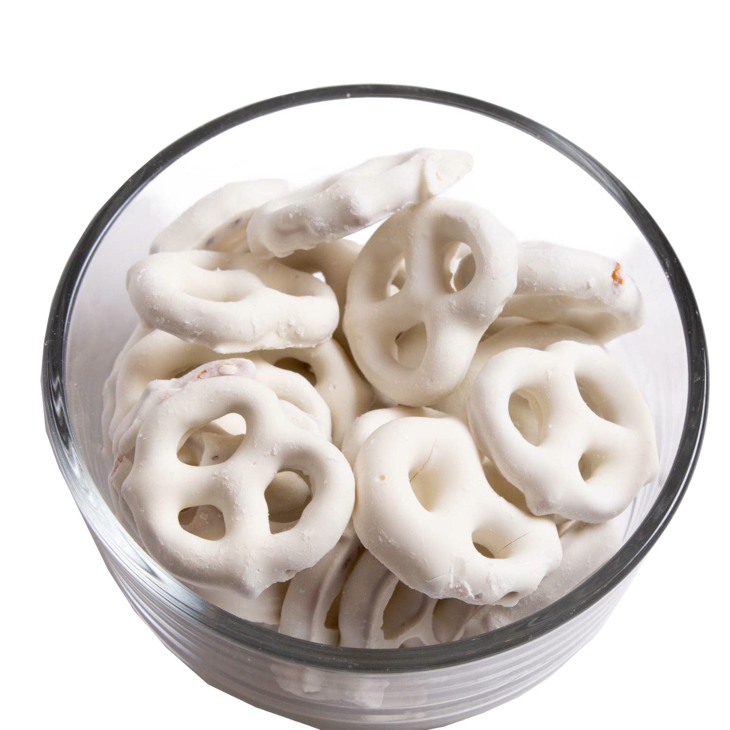 Glass bowl filled with mini pretzels coated in white chocolate from Chips & Snacks and Food & Beverage under $50 collections