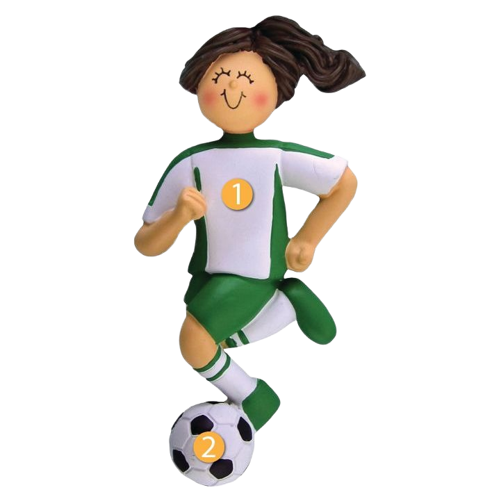 Brunette female ornament in green and white soccer uniform kicking black and white soccer ball Christmas decoration under $50