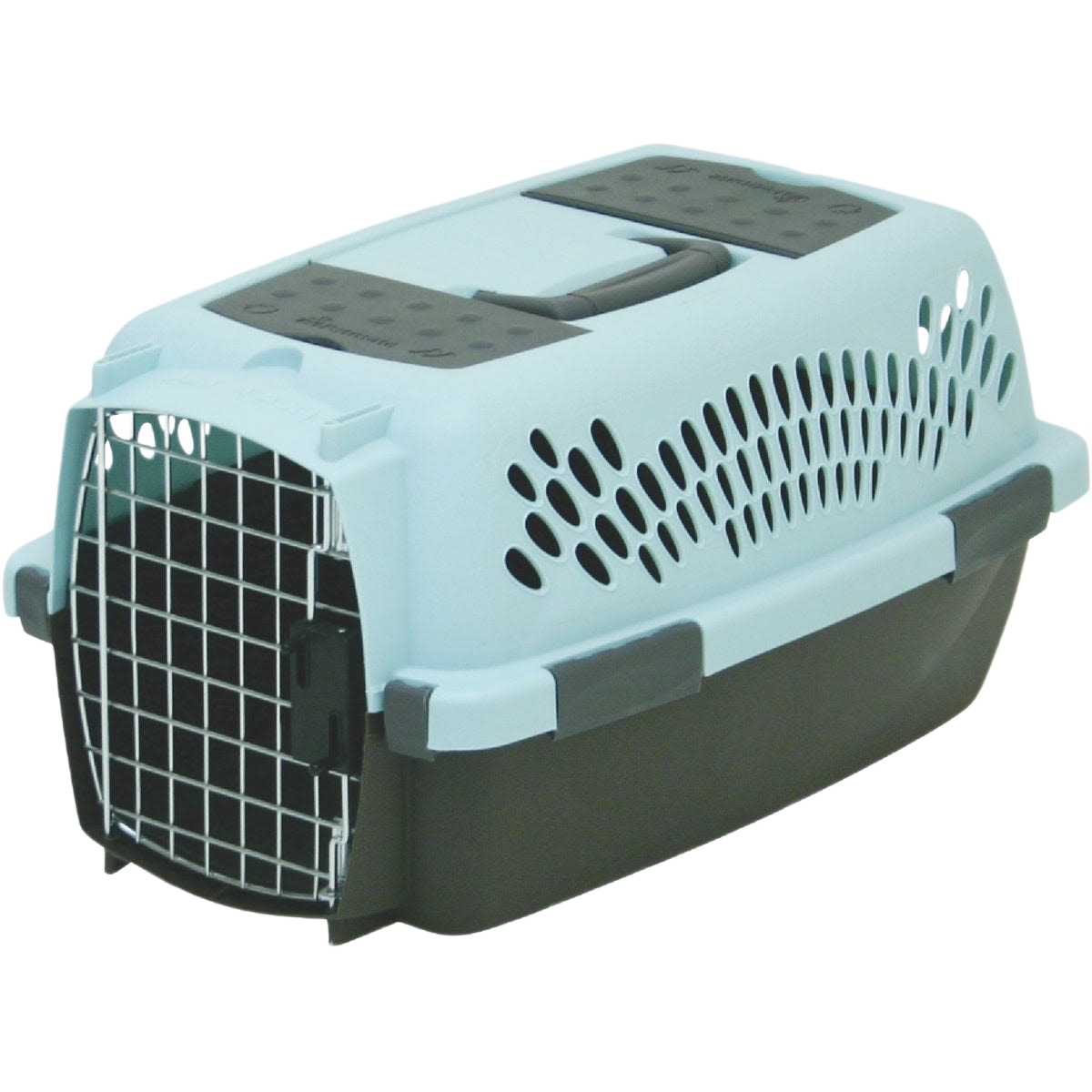 Small pet carrier with ventilated top and secure wire front door for kennels and pet containment collections