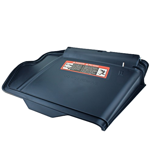 Black plastic discharge chute with safety warning label designed for home improvement and lawn equipment use