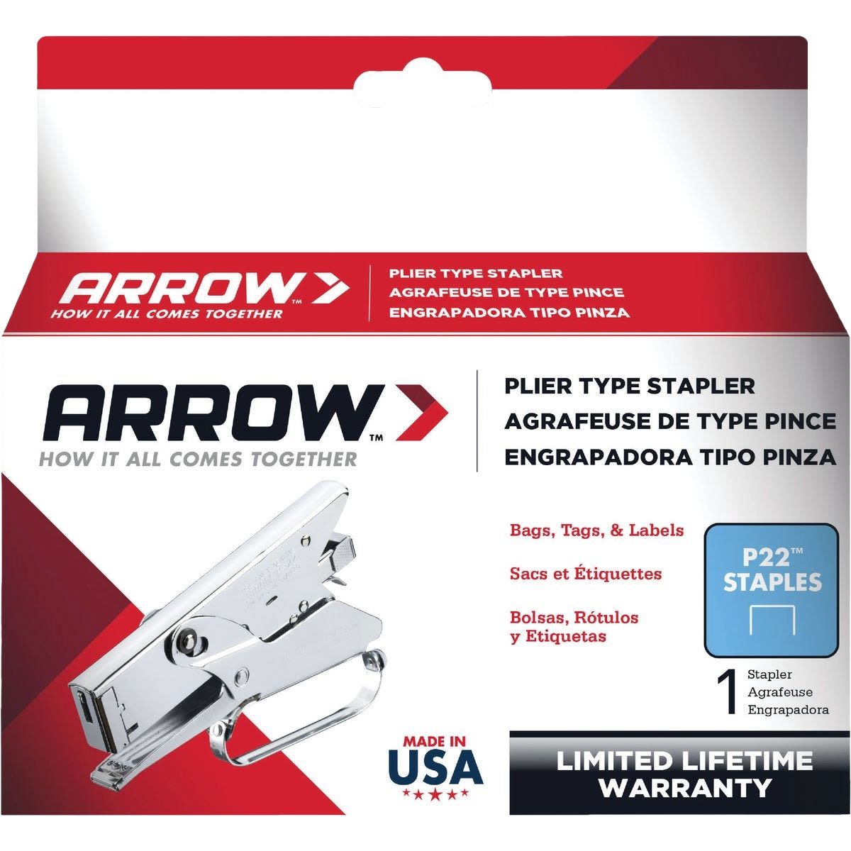 Arrow plier-type stapler in packaging, fastening tool for home improvement and woodworking hand tools collection