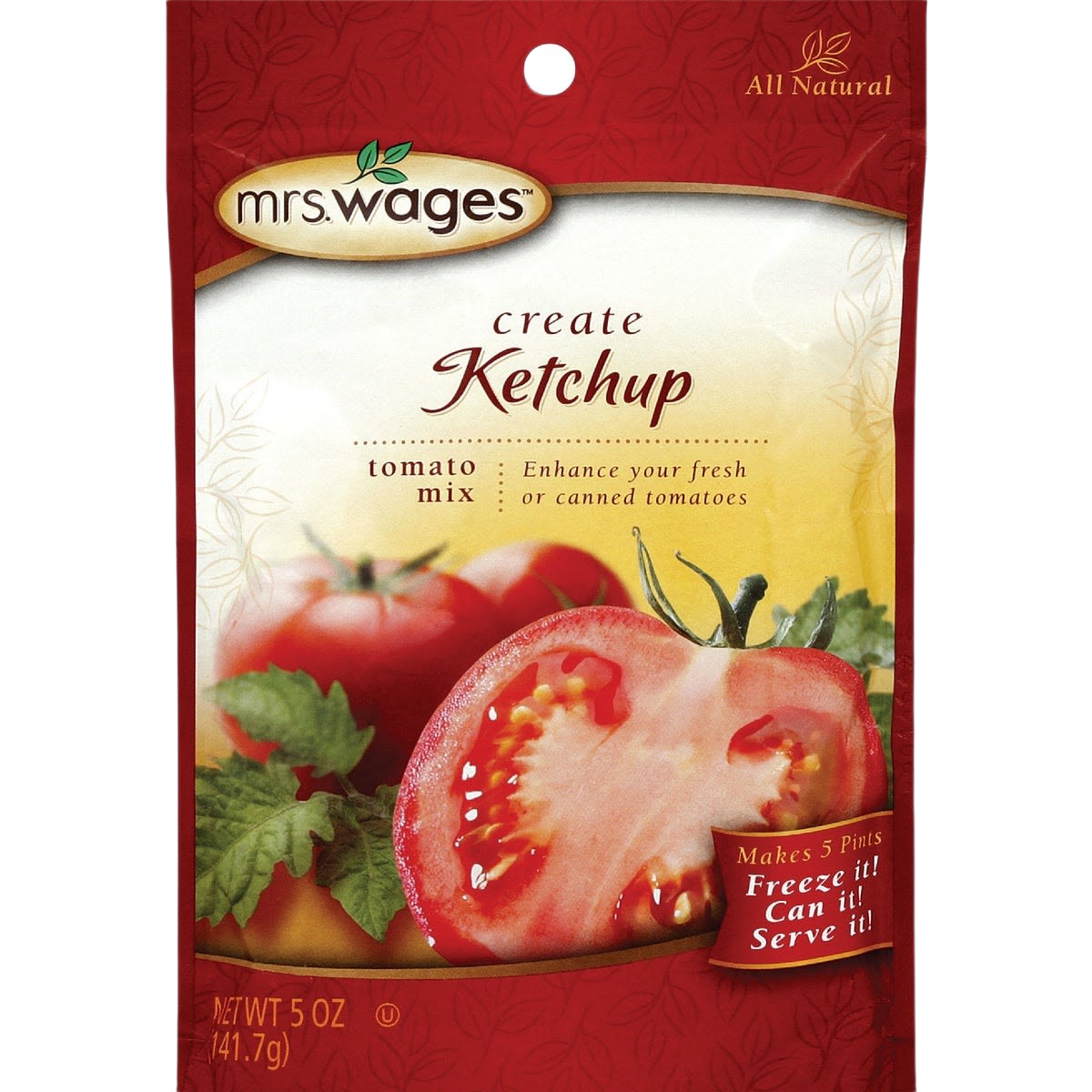 Red and yellow pouch of tomato mix for making ketchup with fresh or canned tomatoes, labeled all natural
