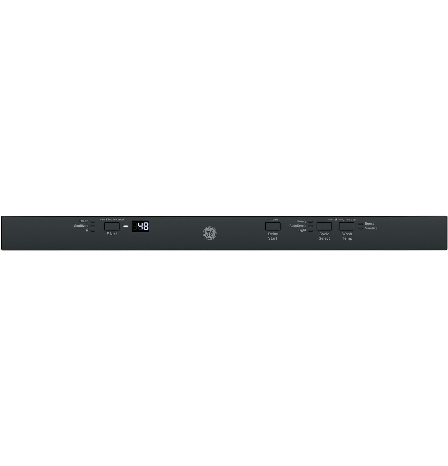 Control panel of black dishwasher featuring digital display, cycle select buttons, and touch controls from Appliances collection