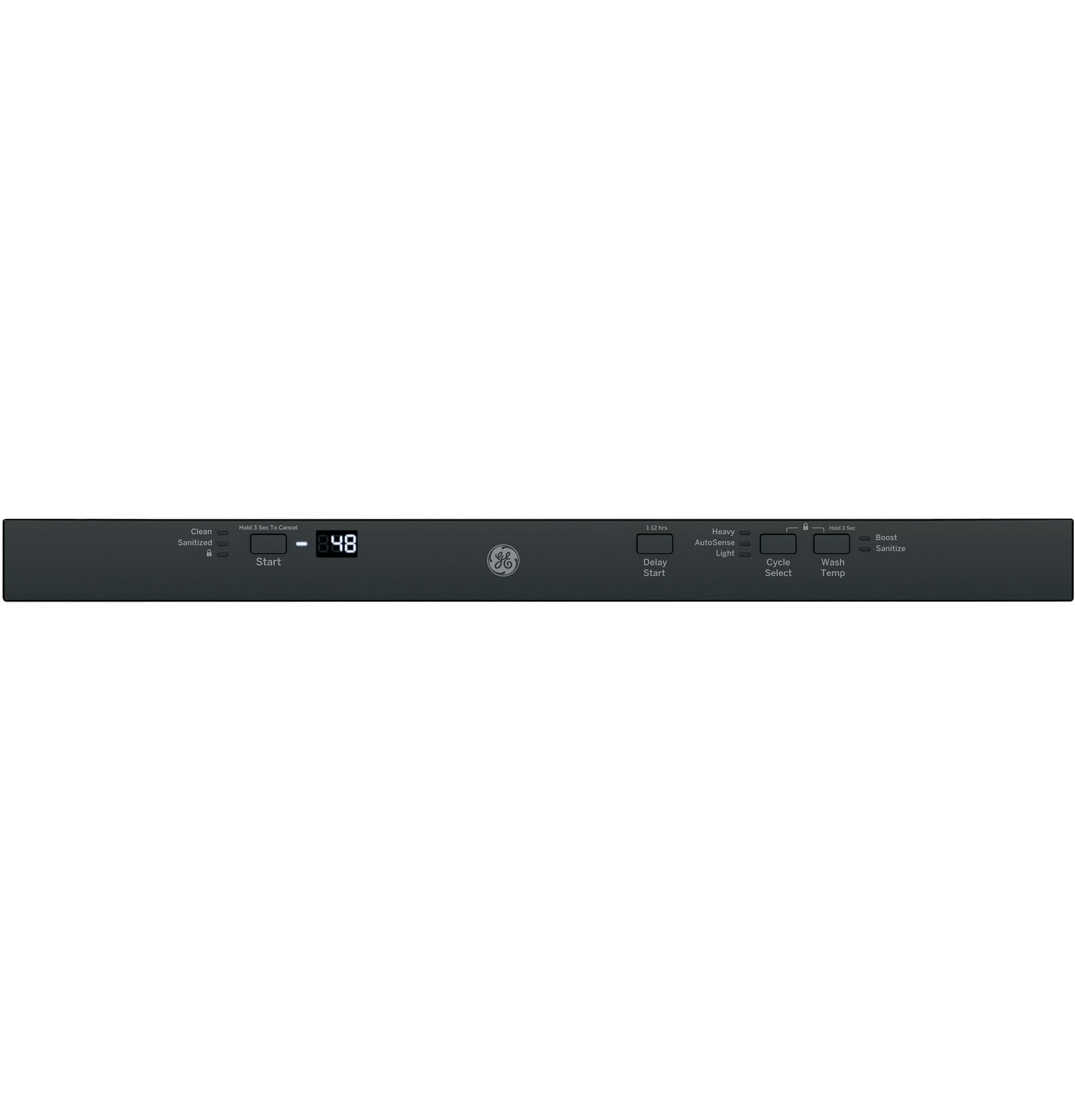 Control panel of black dishwasher featuring digital display, cycle select buttons, and touch controls from Appliances collection